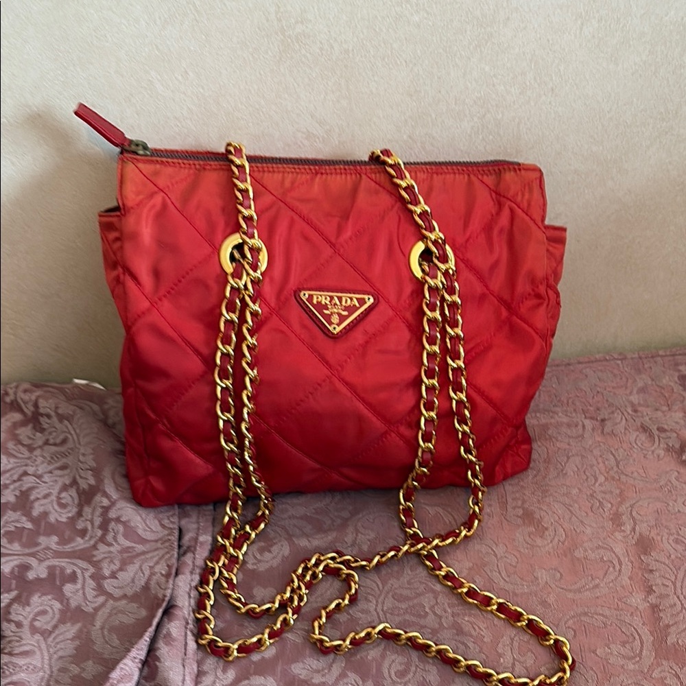 Prada Scarlet Quilted Shoulder Bag with Gold Chain